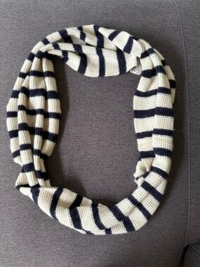 J Crew Infinity Scarf Wrap Stripe Knit Wool Blend Navy Blue Cream
